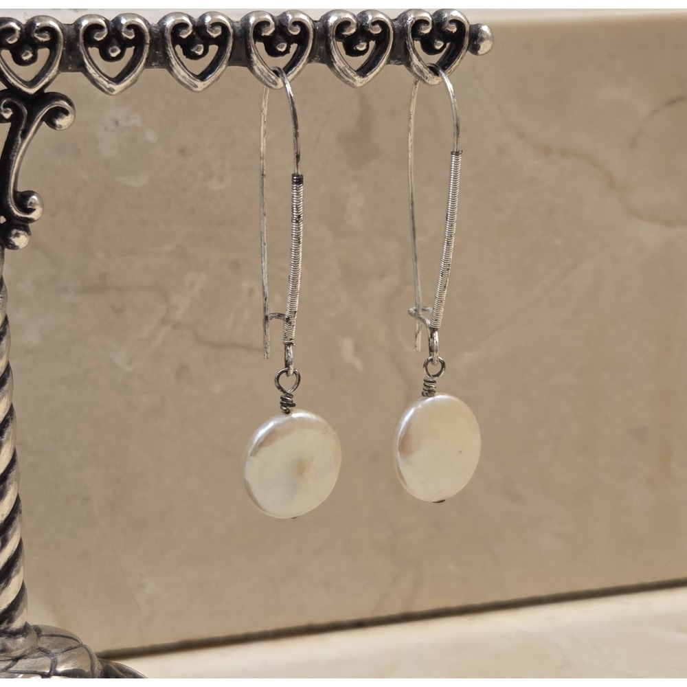 Vintage Sterling Silver Coin Pearl 50mm Drop‎ Dangle Earrings